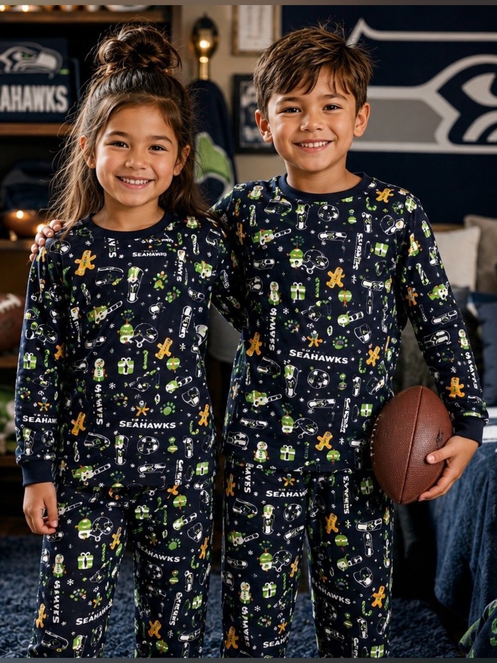 Seattle Seahawks 12th Man NFL Christmas Flannel Unisex Pajama Set Youth Med (8)